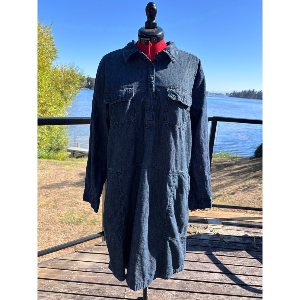 JOE FRESH denim linen shirt dress women L blue long sleeve utility mini pocketed